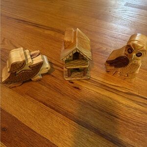 Wooden Animal (owl and turtle) and House Figurines